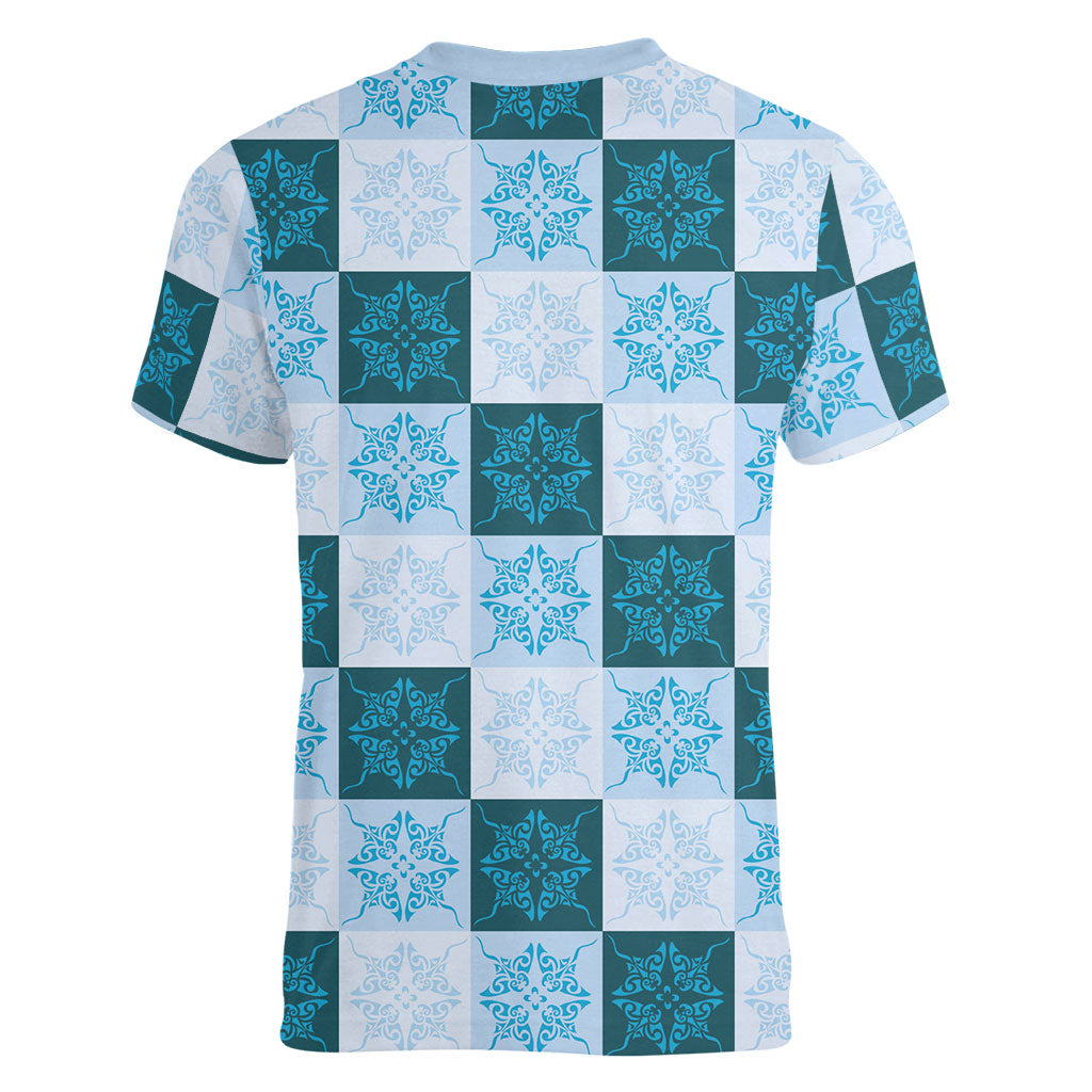 Cyan Manta Ray Hawaiian Quilt Motif Women V-Neck T-Shirt LT05 - Polynesian Pride