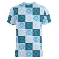 Cyan Manta Ray Hawaiian Quilt Motif Women V-Neck T-Shirt LT05 - Polynesian Pride