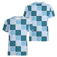 Cyan Manta Ray Hawaiian Quilt Motif Women V-Neck T-Shirt LT05 - Polynesian Pride
