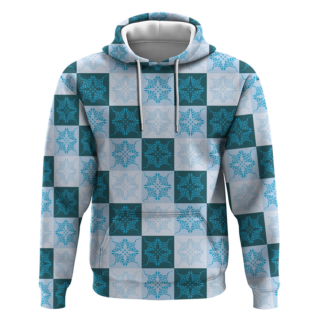 Cyan Manta Ray Hawaiian Quilt Motif Zip Hoodie LT05 Pullover Hoodie Blue - Polynesian Pride