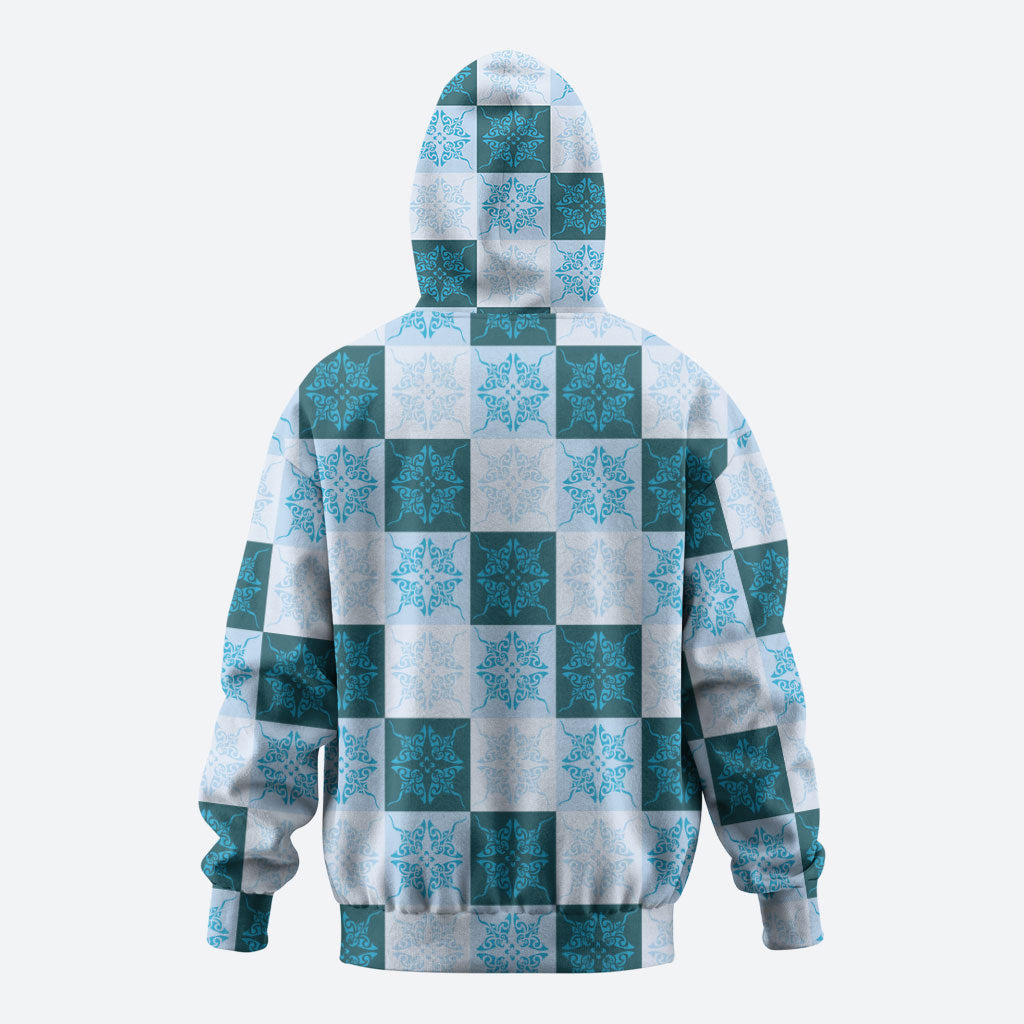 Cyan Manta Ray Hawaiian Quilt Motif Zip Hoodie LT05 - Polynesian Pride