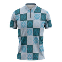 Cyan Manta Ray Hawaiian Quilt Motif Zipper Polo Shirt LT05 Blue - Polynesian Pride