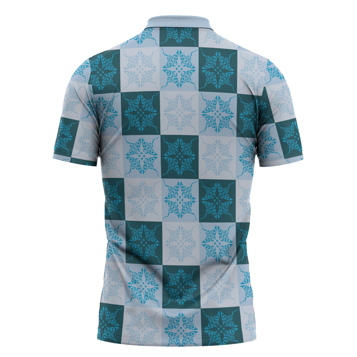 Cyan Manta Ray Hawaiian Quilt Motif Zipper Polo Shirt LT05 - Polynesian Pride