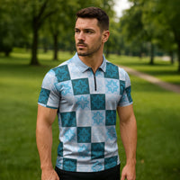 Cyan Manta Ray Hawaiian Quilt Motif Zipper Polo Shirt LT05 - Polynesian Pride