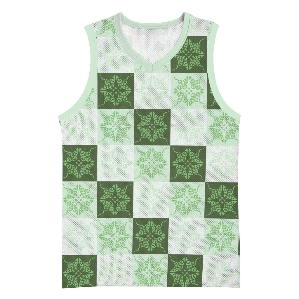 Sage Green Manta Ray Hawaiian Quilt Motif Basketball Jersey LT05 Unisex Green - Polynesian Pride