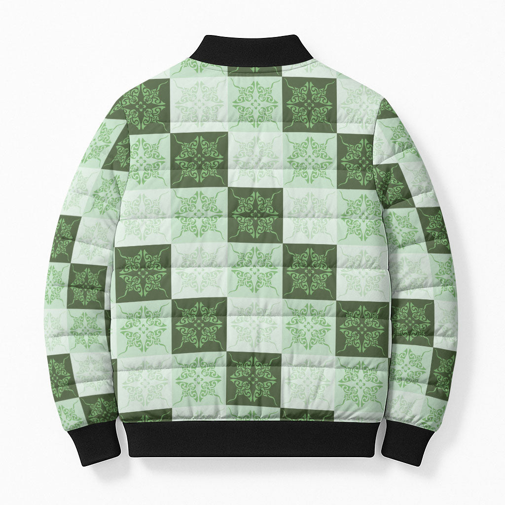 Sage Green Manta Ray Hawaiian Quilt Motif Bomber Puffer Jacket LT05 - Polynesian Pride