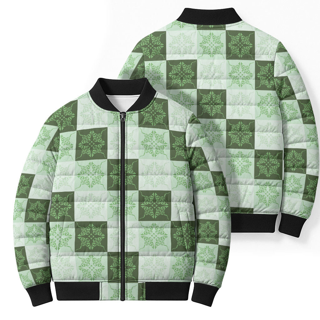 Sage Green Manta Ray Hawaiian Quilt Motif Bomber Puffer Jacket LT05 - Polynesian Pride