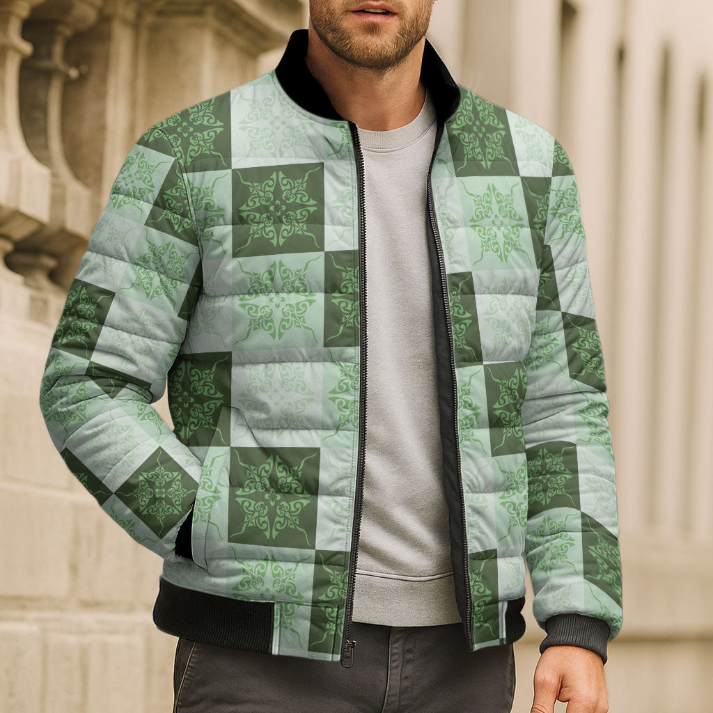 Sage Green Manta Ray Hawaiian Quilt Motif Bomber Puffer Jacket LT05 - Polynesian Pride