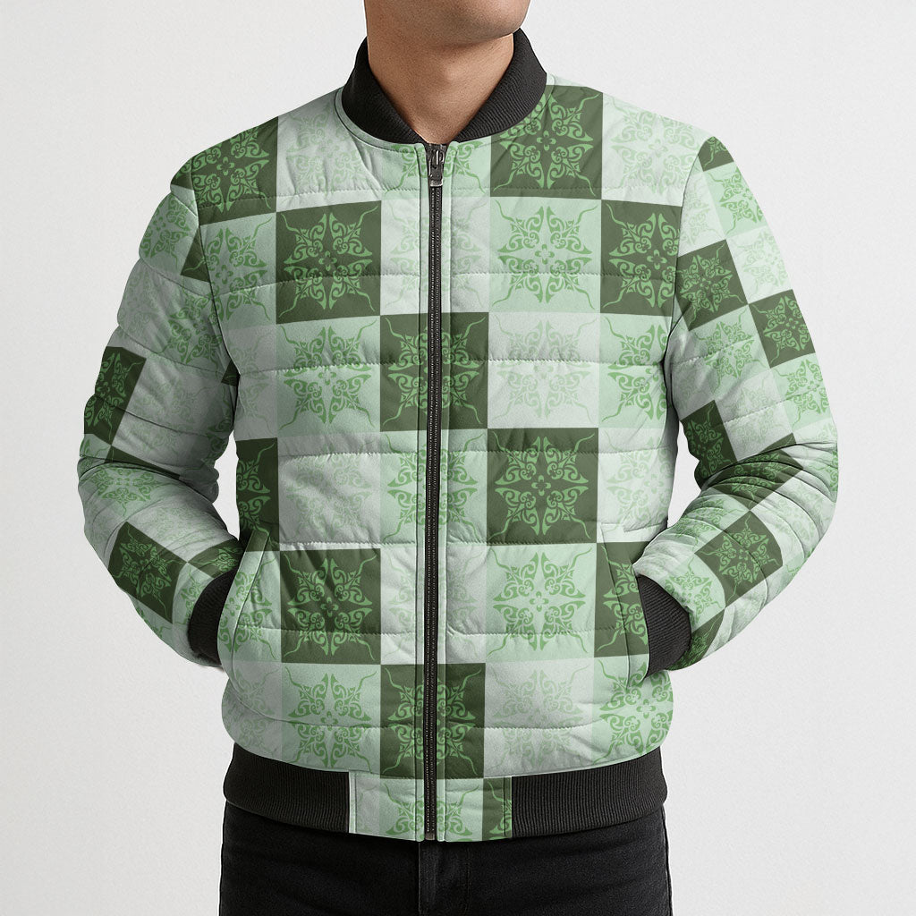 Sage Green Manta Ray Hawaiian Quilt Motif Bomber Puffer Jacket LT05 - Polynesian Pride