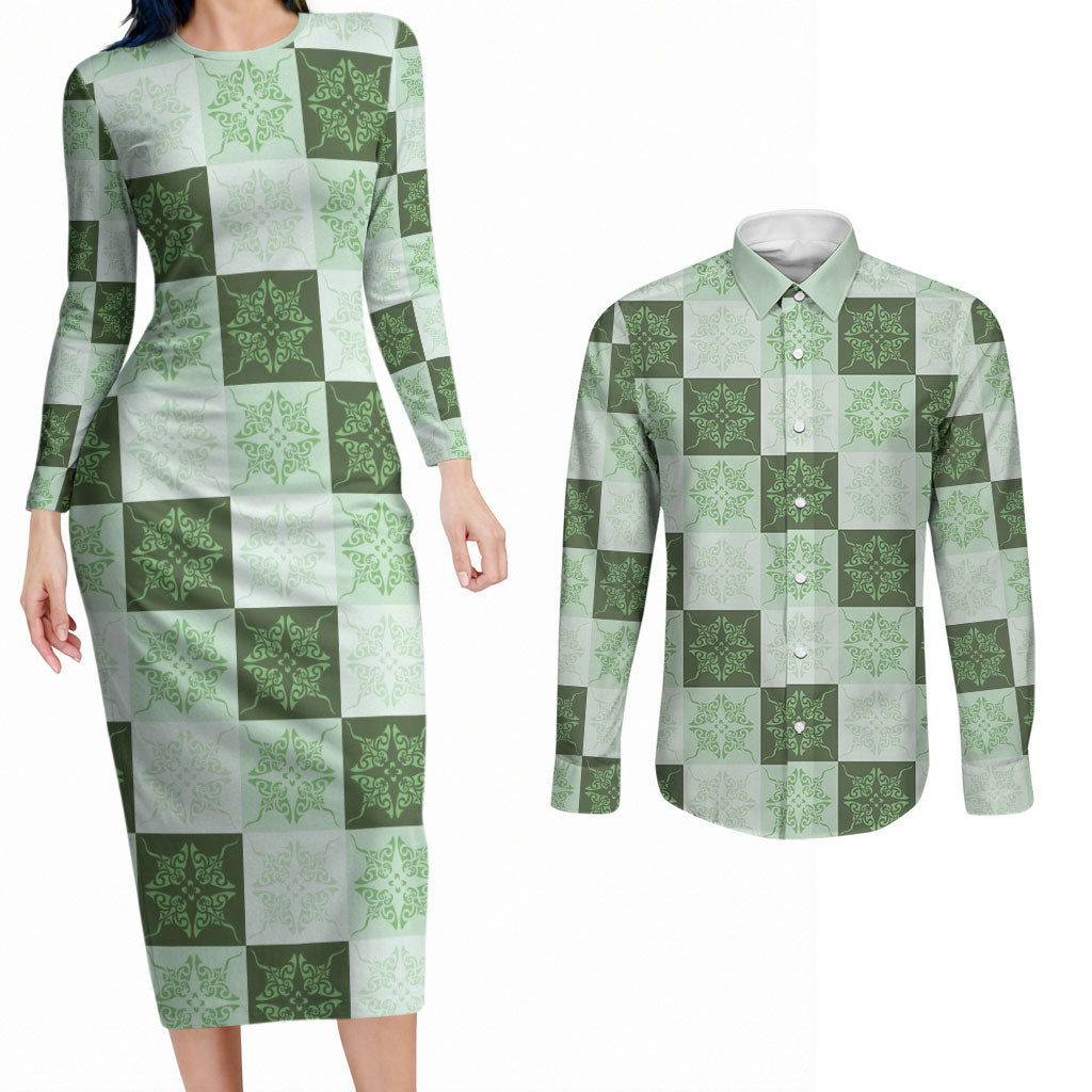 Sage Green Manta Ray Hawaiian Quilt Motif Couples Matching Long Sleeve Bodycon Dress and Long Sleeve Button Shirt LT05 Green - Polynesian Pride