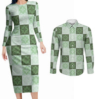 Sage Green Manta Ray Hawaiian Quilt Motif Couples Matching Long Sleeve Bodycon Dress and Long Sleeve Button Shirt LT05 Green - Polynesian Pride