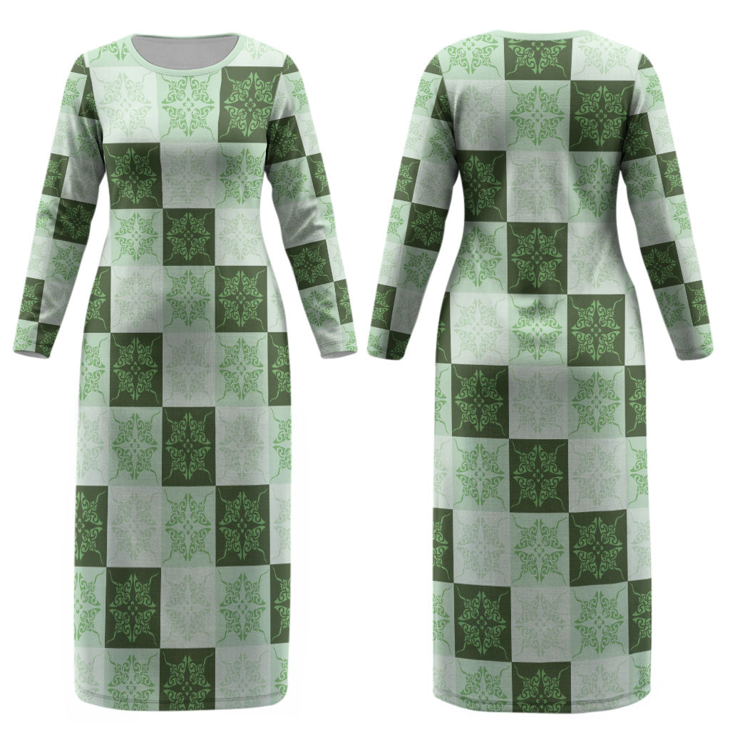 Sage Green Manta Ray Hawaiian Quilt Motif Couples Matching Long Sleeve Bodycon Dress and Long Sleeve Button Shirt LT05 - Polynesian Pride
