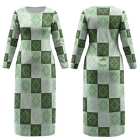 Sage Green Manta Ray Hawaiian Quilt Motif Couples Matching Long Sleeve Bodycon Dress and Long Sleeve Button Shirt LT05 - Polynesian Pride