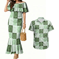 Sage Green Manta Ray Hawaiian Quilt Motif Couples Matching Mermaid Dress and Hawaiian Shirt LT05 Green - Polynesian Pride
