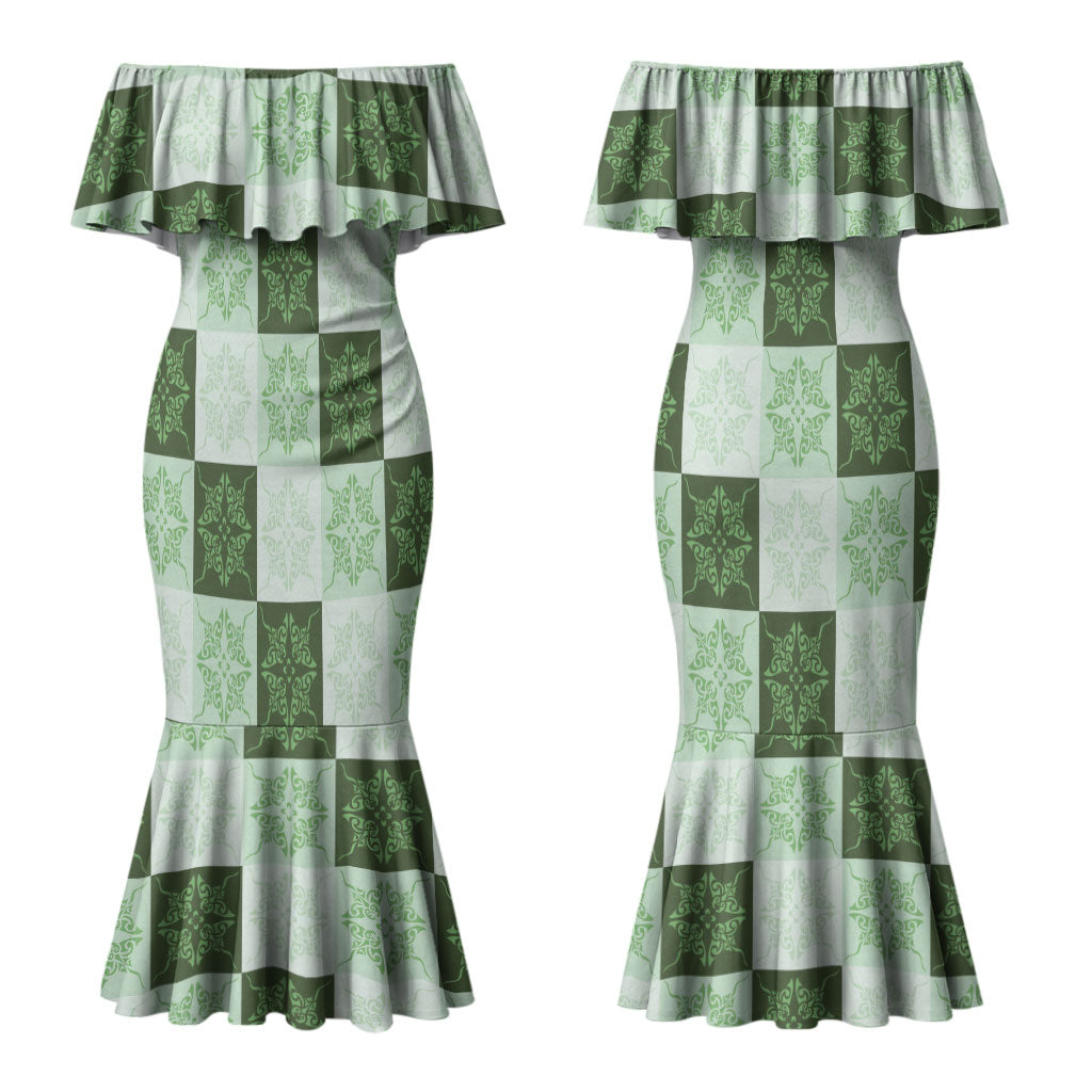 Sage Green Manta Ray Hawaiian Quilt Motif Couples Matching Mermaid Dress and Hawaiian Shirt LT05 - Polynesian Pride