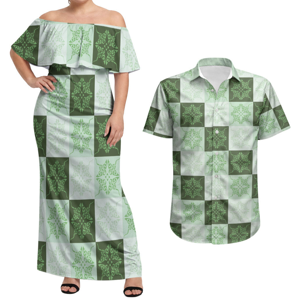 Sage Green Manta Ray Hawaiian Quilt Motif Couples Matching Off Shoulder Maxi Dress and Hawaiian Shirt LT05 Green - Polynesian Pride