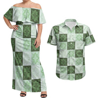 Sage Green Manta Ray Hawaiian Quilt Motif Couples Matching Off Shoulder Maxi Dress and Hawaiian Shirt LT05 Green - Polynesian Pride