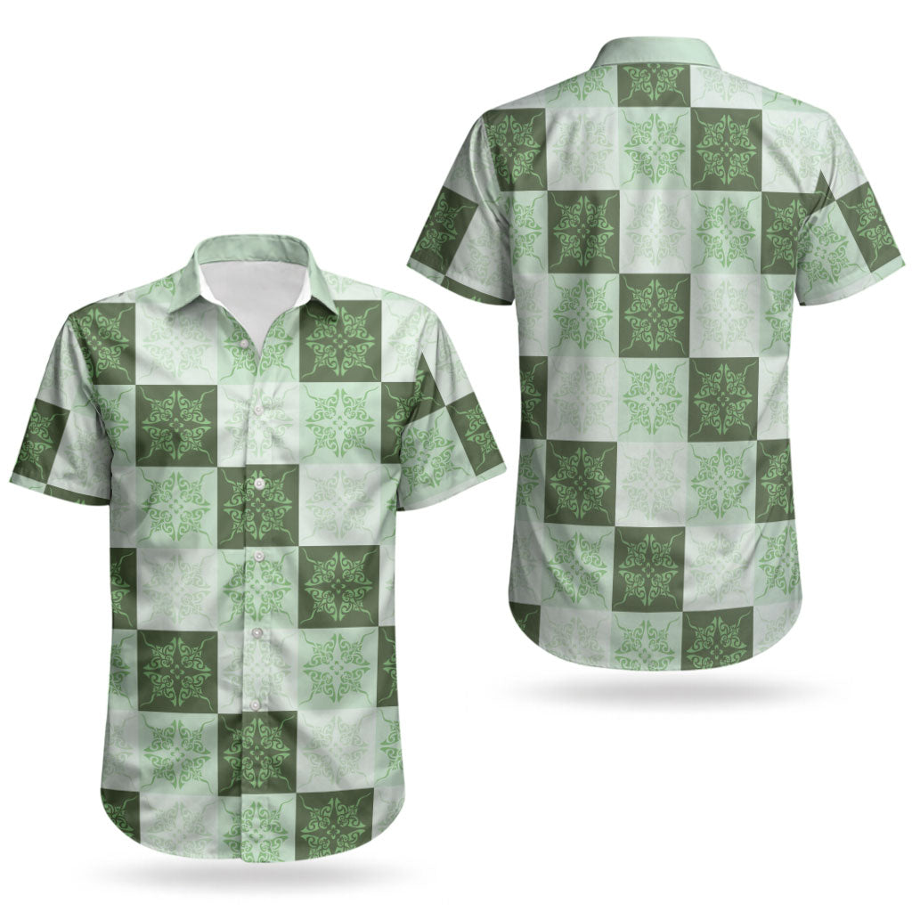 Sage Green Manta Ray Hawaiian Quilt Motif Couples Matching Off Shoulder Maxi Dress and Hawaiian Shirt LT05 - Polynesian Pride