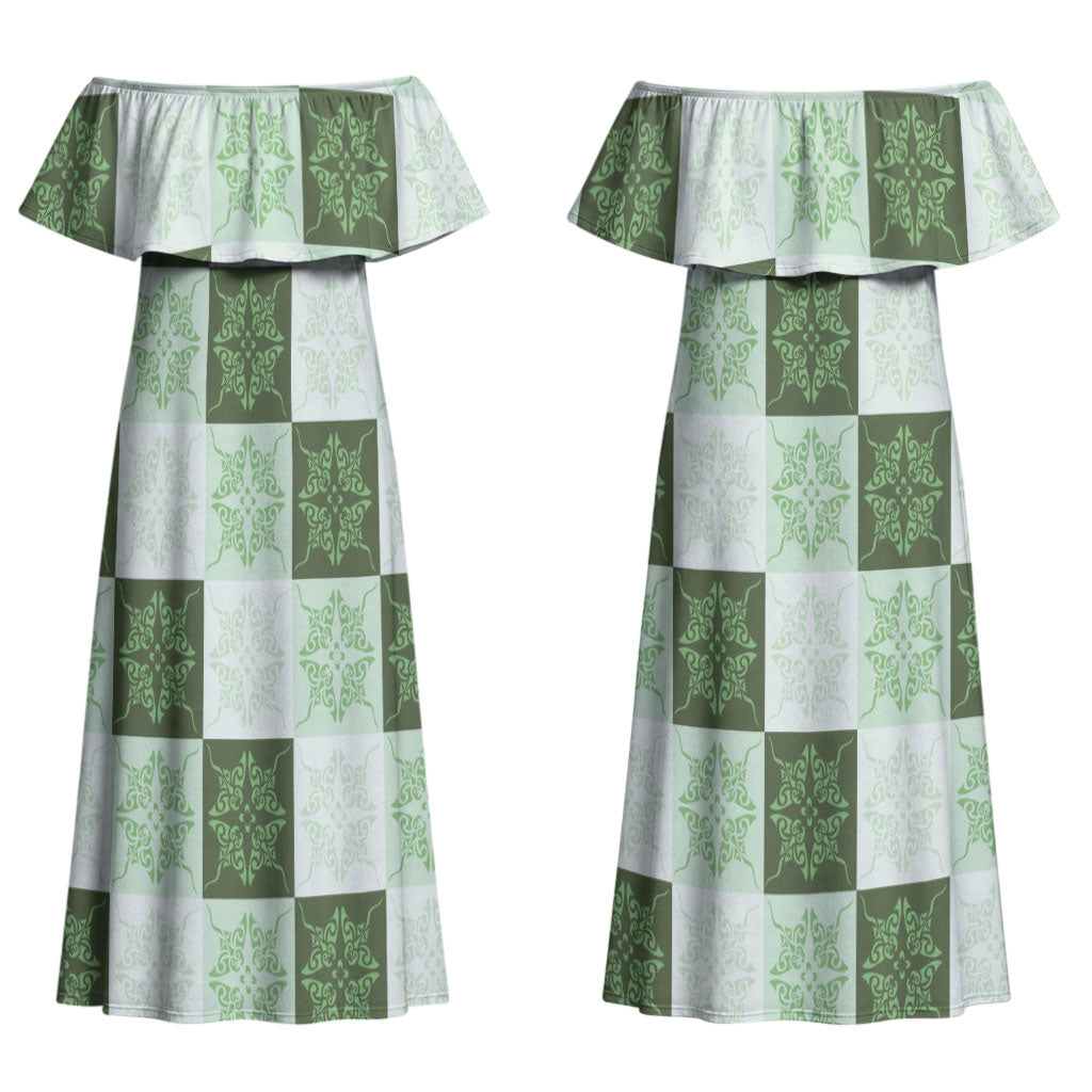 Sage Green Manta Ray Hawaiian Quilt Motif Couples Matching Off Shoulder Maxi Dress and Hawaiian Shirt LT05 - Polynesian Pride