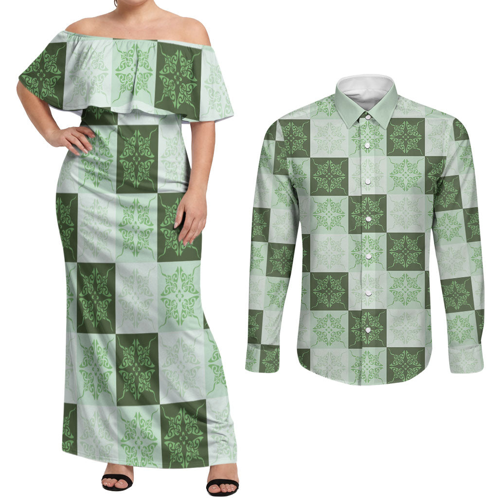 Sage Green Manta Ray Hawaiian Quilt Motif Couples Matching Off Shoulder Maxi Dress and Long Sleeve Button Shirt LT05 Green - Polynesian Pride