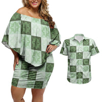 Sage Green Manta Ray Hawaiian Quilt Motif Couples Matching Off Shoulder Short Dress and Hawaiian Shirt LT05 Green - Polynesian Pride