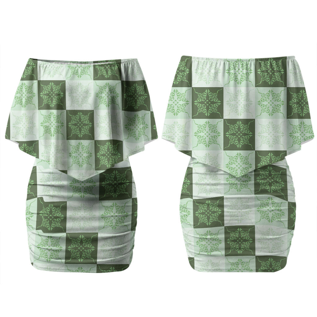 Sage Green Manta Ray Hawaiian Quilt Motif Couples Matching Off Shoulder Short Dress and Hawaiian Shirt LT05 - Polynesian Pride