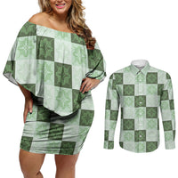 Sage Green Manta Ray Hawaiian Quilt Motif Couples Matching Off Shoulder Short Dress and Long Sleeve Button Shirt LT05 Green - Polynesian Pride