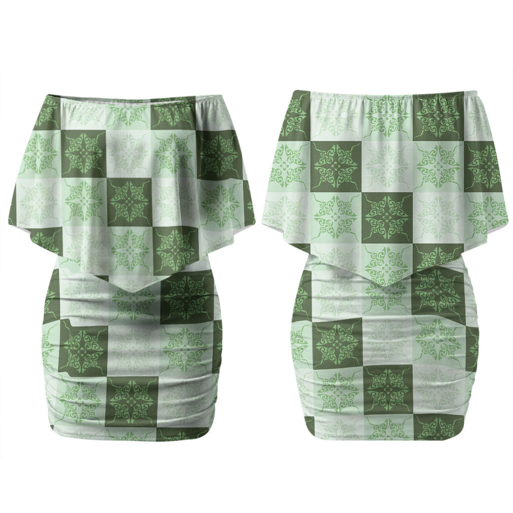 Sage Green Manta Ray Hawaiian Quilt Motif Couples Matching Off Shoulder Short Dress and Long Sleeve Button Shirt LT05 - Polynesian Pride