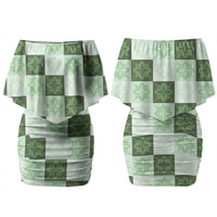 Sage Green Manta Ray Hawaiian Quilt Motif Couples Matching Off Shoulder Short Dress and Long Sleeve Button Shirt LT05 - Polynesian Pride