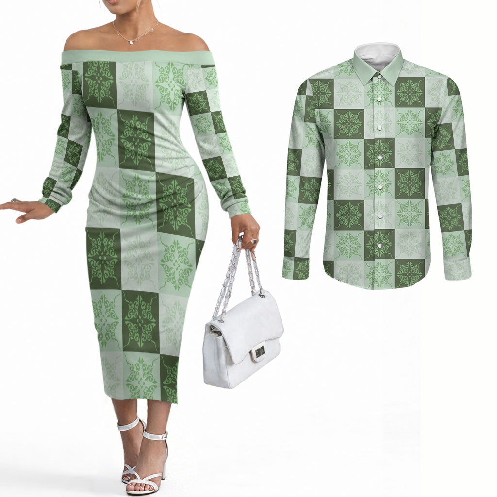 Sage Green Manta Ray Hawaiian Quilt Motif Couples Matching Off The Shoulder Long Sleeve Dress and Long Sleeve Button Shirt LT05 Green - Polynesian Pride