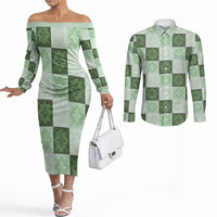 Sage Green Manta Ray Hawaiian Quilt Motif Couples Matching Off The Shoulder Long Sleeve Dress and Long Sleeve Button Shirt LT05 Green - Polynesian Pride