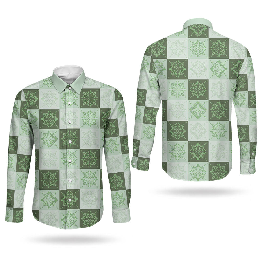 Sage Green Manta Ray Hawaiian Quilt Motif Couples Matching Off The Shoulder Long Sleeve Dress and Long Sleeve Button Shirt LT05 - Polynesian Pride