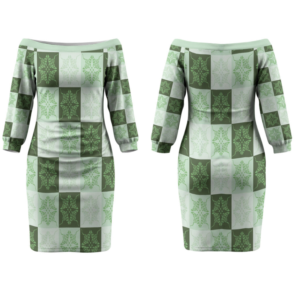 Sage Green Manta Ray Hawaiian Quilt Motif Couples Matching Off The Shoulder Long Sleeve Dress and Long Sleeve Button Shirt LT05 - Polynesian Pride