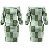 Sage Green Manta Ray Hawaiian Quilt Motif Couples Matching Off The Shoulder Long Sleeve Dress and Long Sleeve Button Shirt LT05 - Polynesian Pride