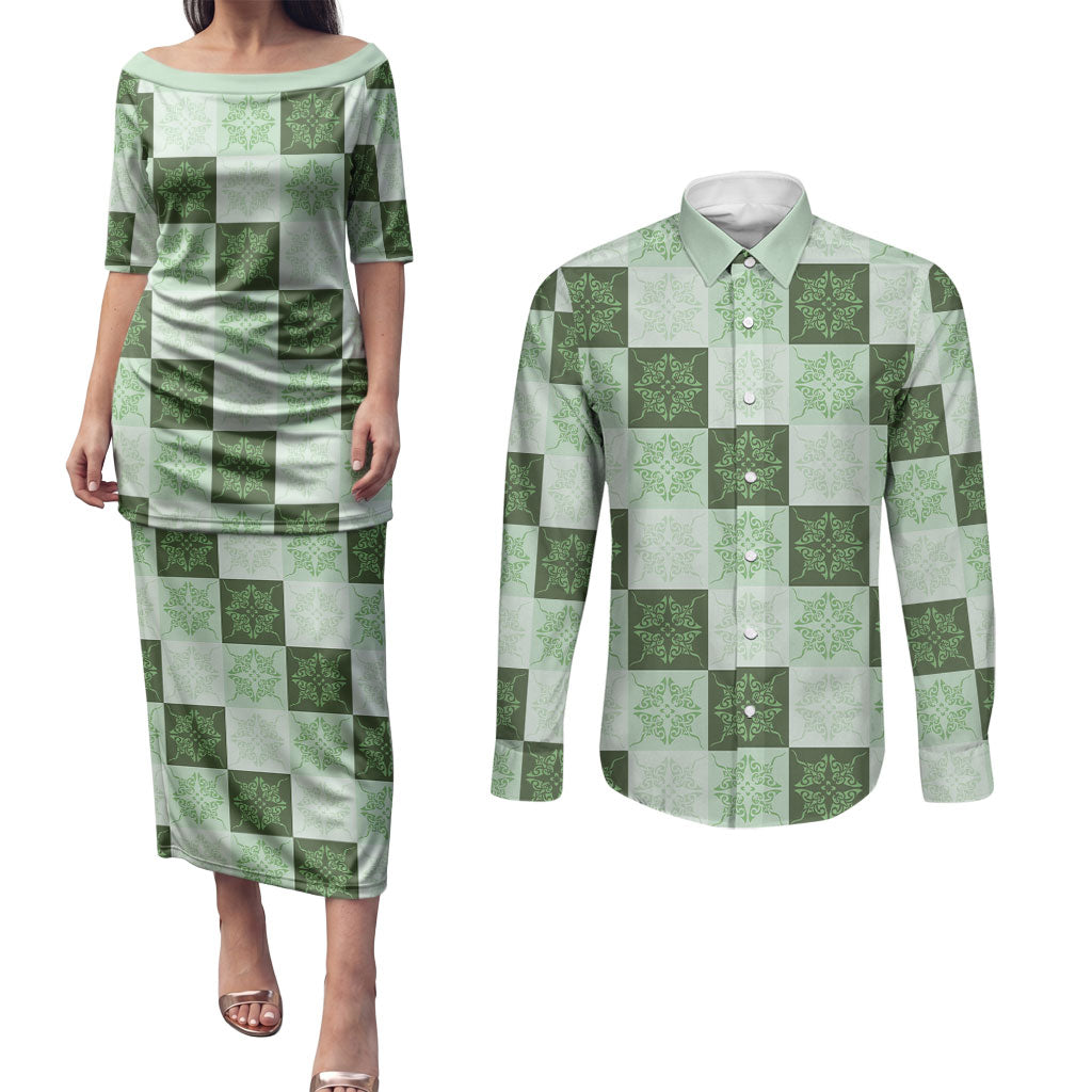 Sage Green Manta Ray Hawaiian Quilt Motif Couples Matching Puletasi and Long Sleeve Button Shirt LT05 Green - Polynesian Pride