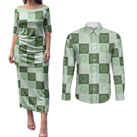 Sage Green Manta Ray Hawaiian Quilt Motif Couples Matching Puletasi and Long Sleeve Button Shirt LT05 Green - Polynesian Pride