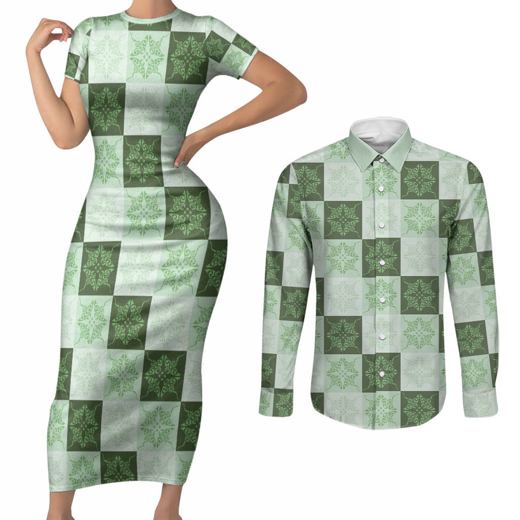 Sage Green Manta Ray Hawaiian Quilt Motif Couples Matching Short Sleeve Bodycon Dress and Long Sleeve Button Shirt LT05 Green - Polynesian Pride