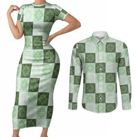 Sage Green Manta Ray Hawaiian Quilt Motif Couples Matching Short Sleeve Bodycon Dress and Long Sleeve Button Shirt LT05 Green - Polynesian Pride