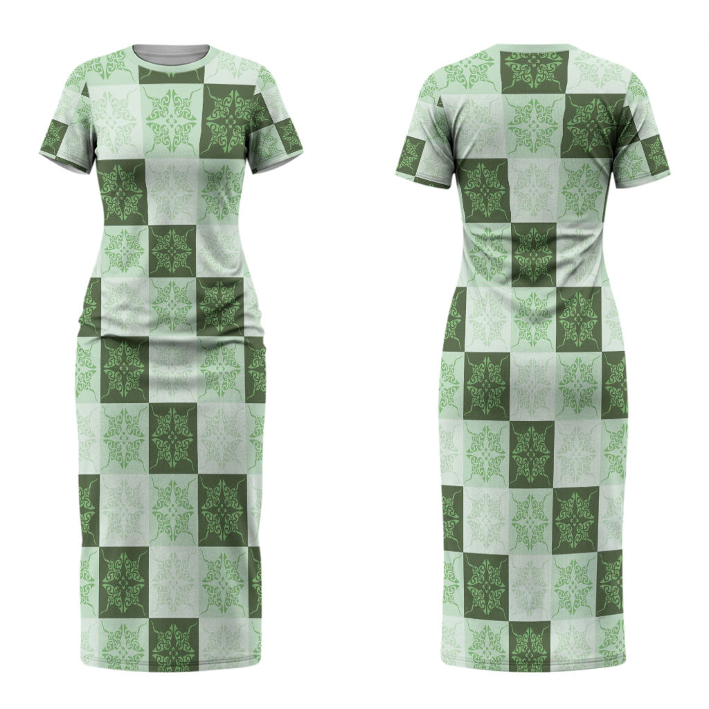 Sage Green Manta Ray Hawaiian Quilt Motif Couples Matching Short Sleeve Bodycon Dress and Long Sleeve Button Shirt LT05 - Polynesian Pride