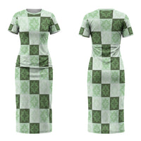 Sage Green Manta Ray Hawaiian Quilt Motif Couples Matching Short Sleeve Bodycon Dress and Long Sleeve Button Shirt LT05 - Polynesian Pride