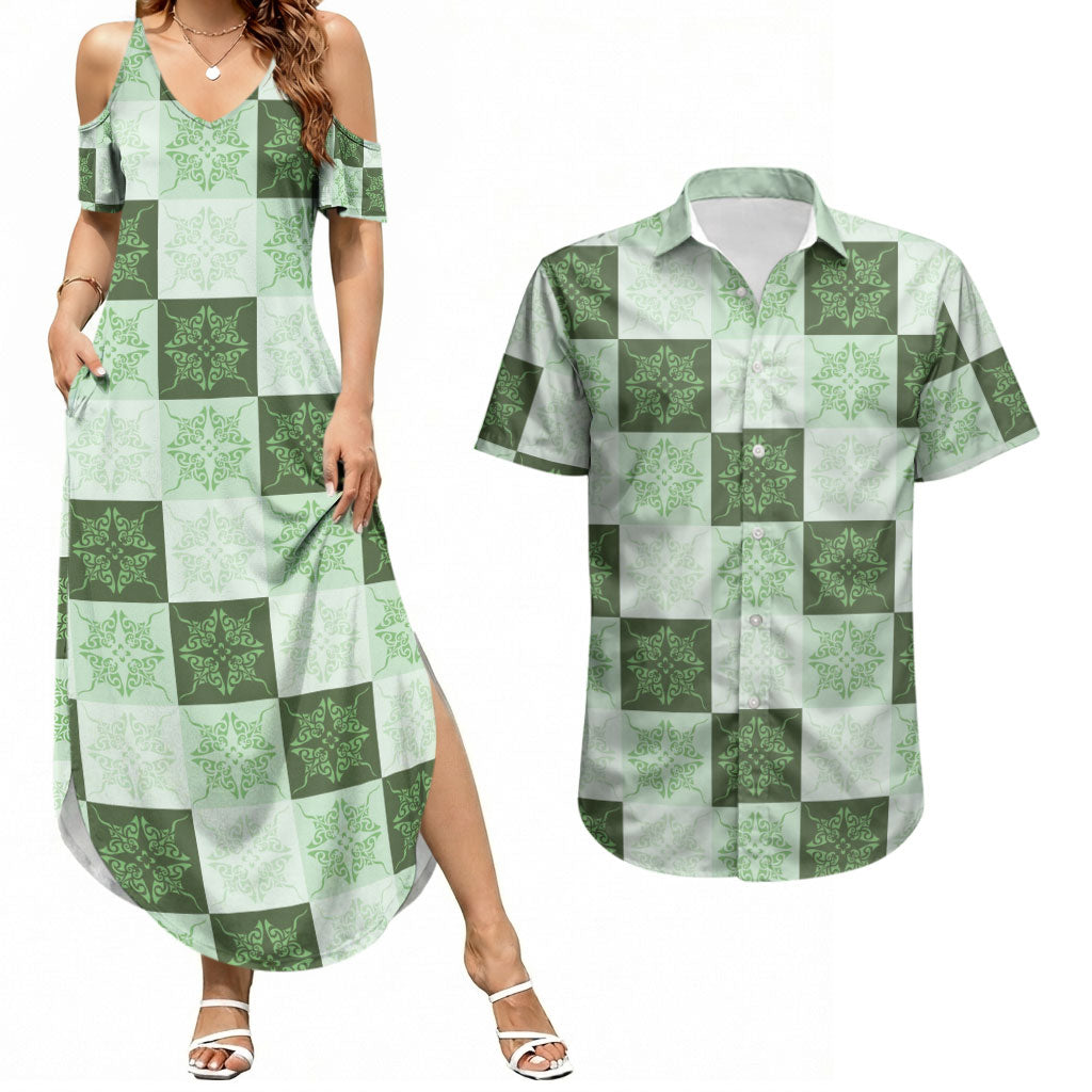 Sage Green Manta Ray Hawaiian Quilt Motif Couples Matching Summer Maxi Dress and Hawaiian Shirt LT05 Green - Polynesian Pride