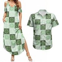 Sage Green Manta Ray Hawaiian Quilt Motif Couples Matching Summer Maxi Dress and Hawaiian Shirt LT05 Green - Polynesian Pride