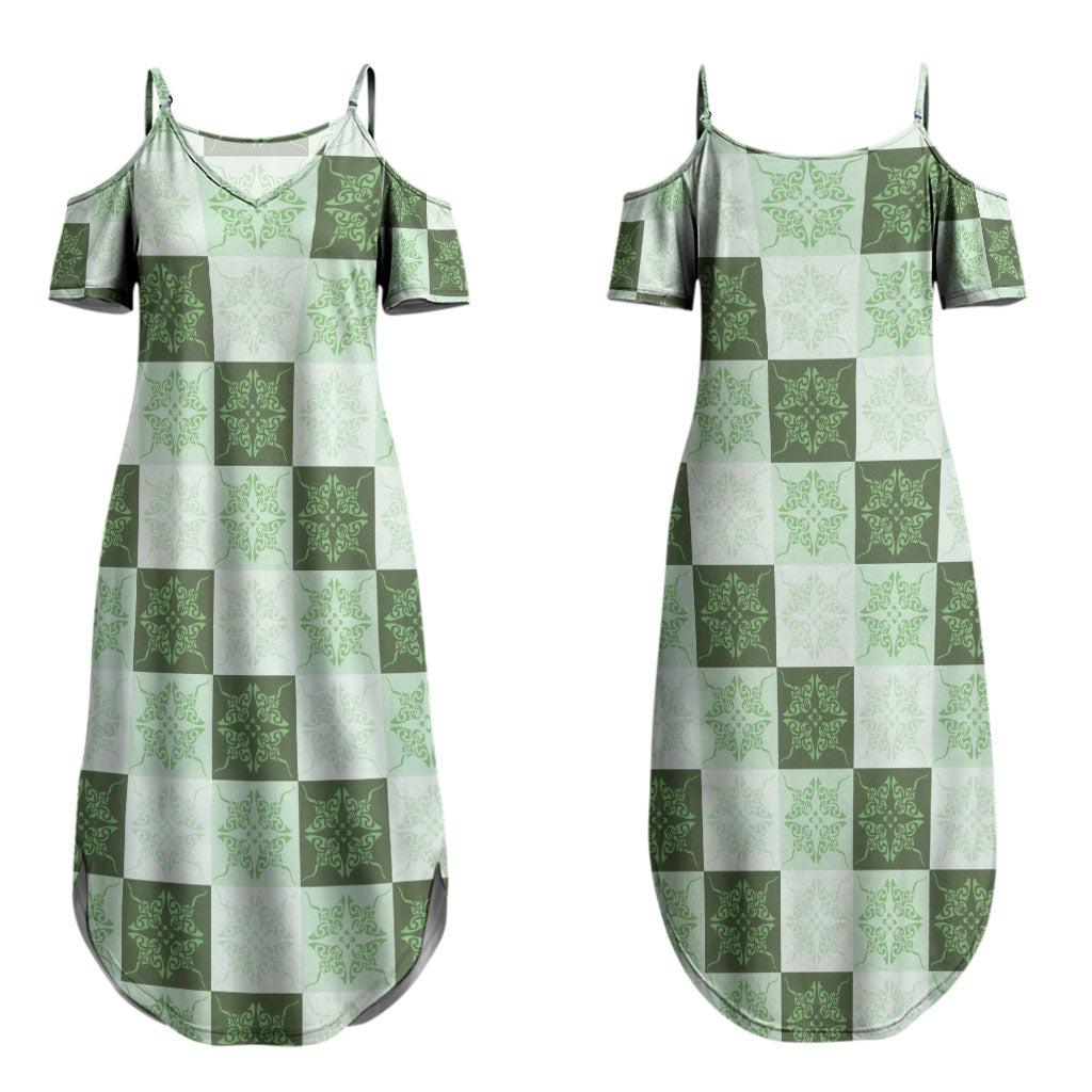 Sage Green Manta Ray Hawaiian Quilt Motif Couples Matching Summer Maxi Dress and Hawaiian Shirt LT05 - Polynesian Pride
