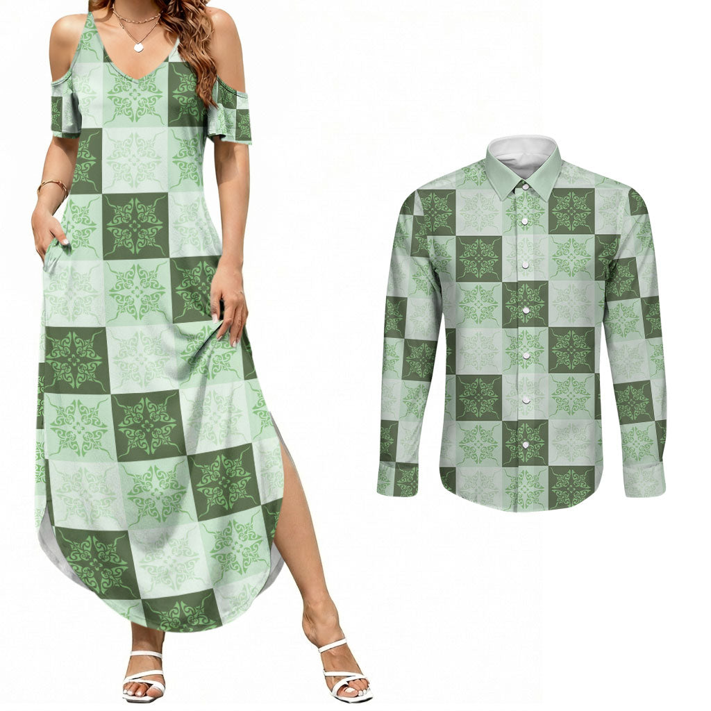 Sage Green Manta Ray Hawaiian Quilt Motif Couples Matching Summer Maxi Dress and Long Sleeve Button Shirt LT05 Green - Polynesian Pride