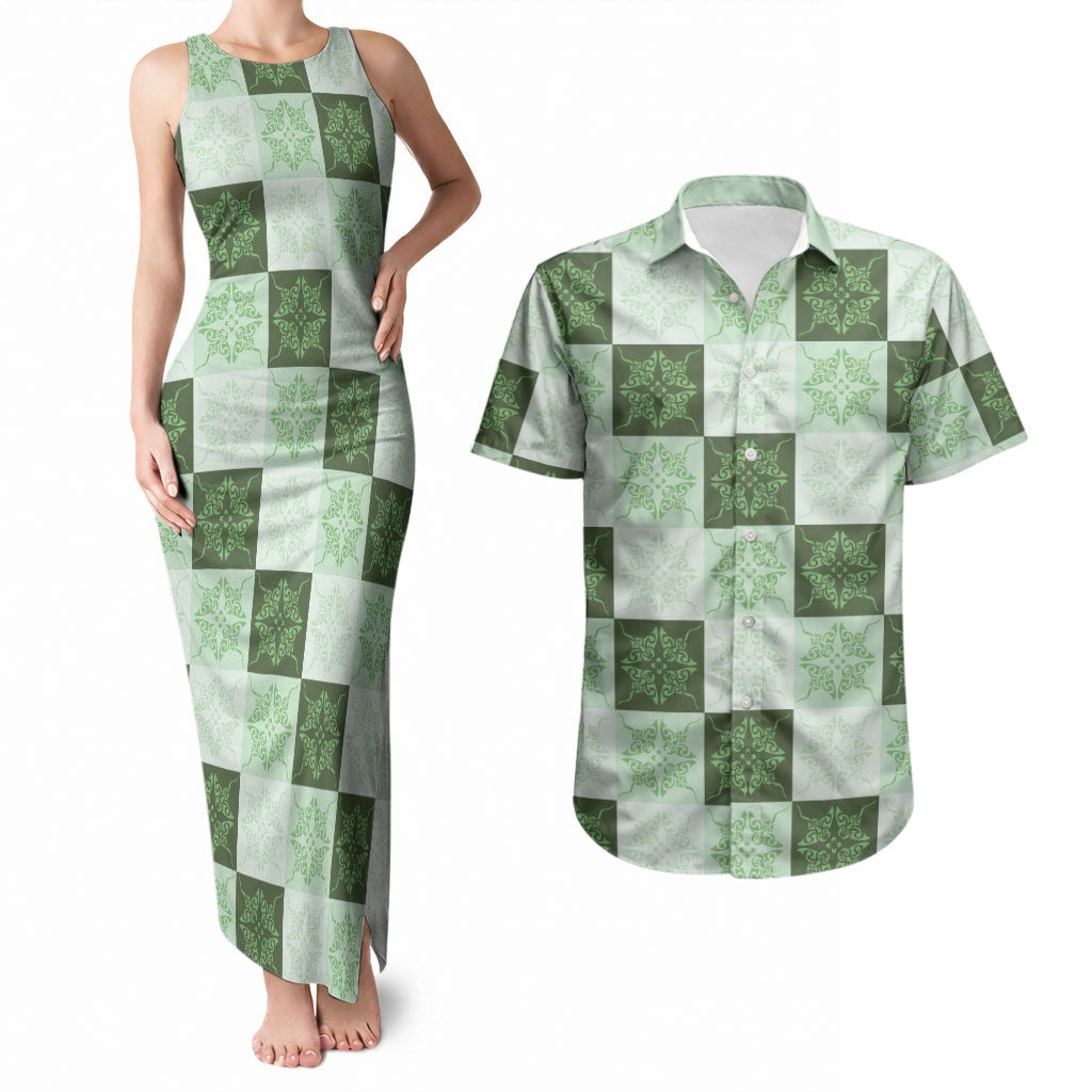 Sage Green Manta Ray Hawaiian Quilt Motif Couples Matching Tank Maxi Dress and Hawaiian Shirt LT05 Green - Polynesian Pride