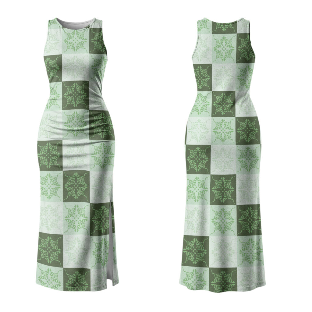 Sage Green Manta Ray Hawaiian Quilt Motif Couples Matching Tank Maxi Dress and Long Sleeve Button Shirt LT05 - Polynesian Pride