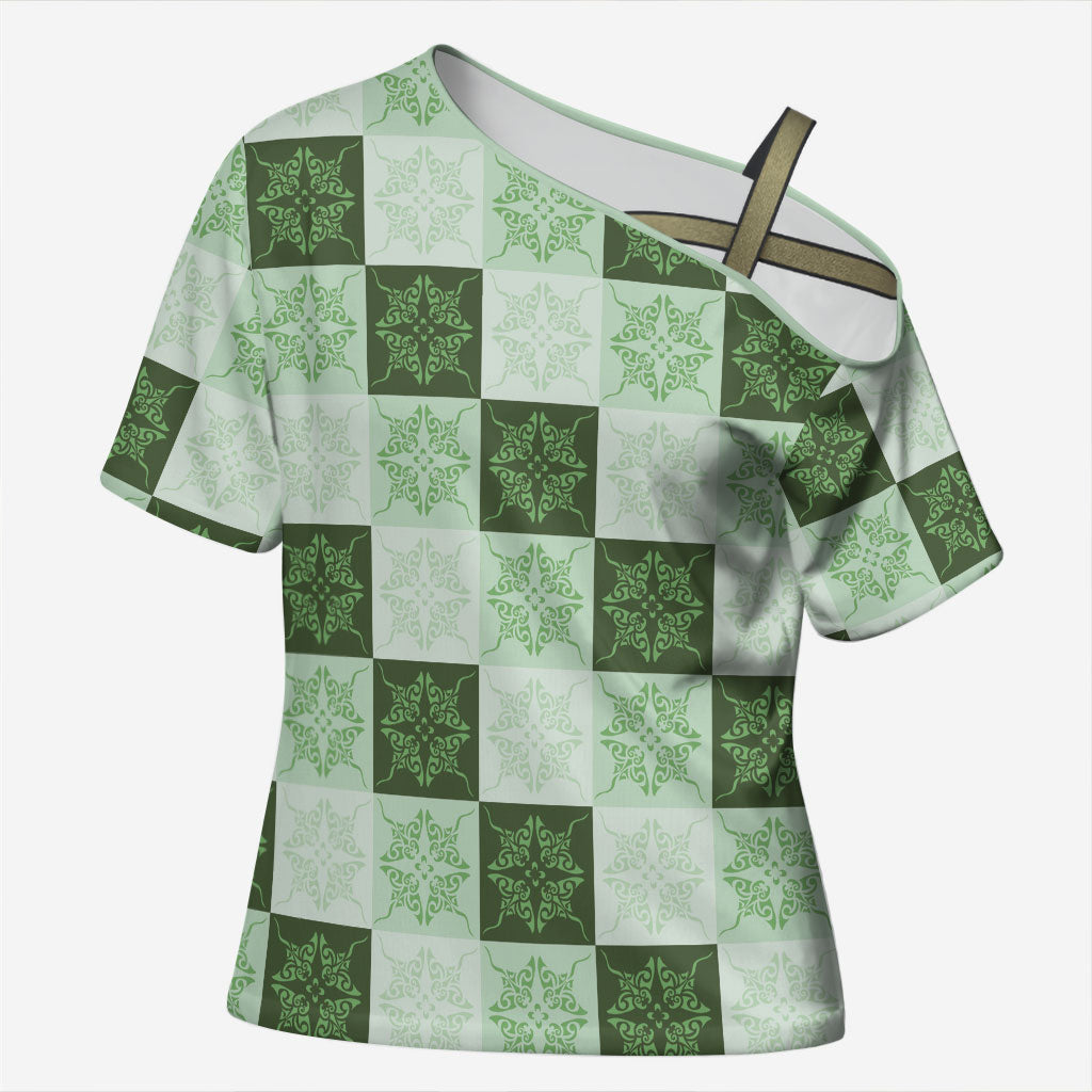 Sage Green Manta Ray Hawaiian Quilt Motif Cross Shoulder Shirt LT05 Female Green - Polynesian Pride