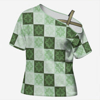 Sage Green Manta Ray Hawaiian Quilt Motif Cross Shoulder Shirt LT05 Female Green - Polynesian Pride