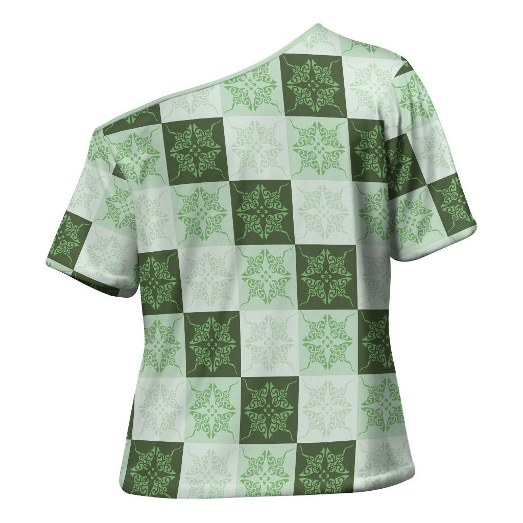 Sage Green Manta Ray Hawaiian Quilt Motif Cross Shoulder Shirt LT05 - Polynesian Pride