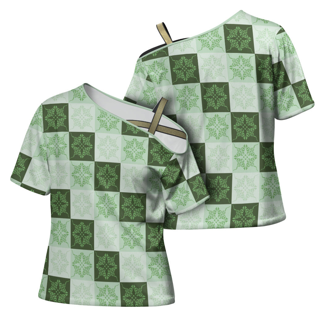 Sage Green Manta Ray Hawaiian Quilt Motif Cross Shoulder Shirt LT05 - Polynesian Pride